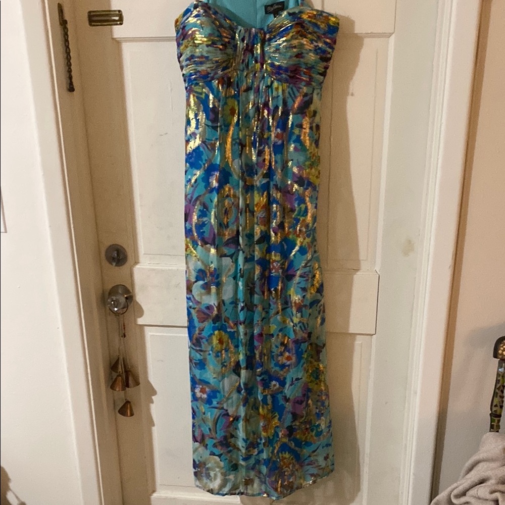 Oleg Cassini Blue and Gold Strapless Maxi Dress
